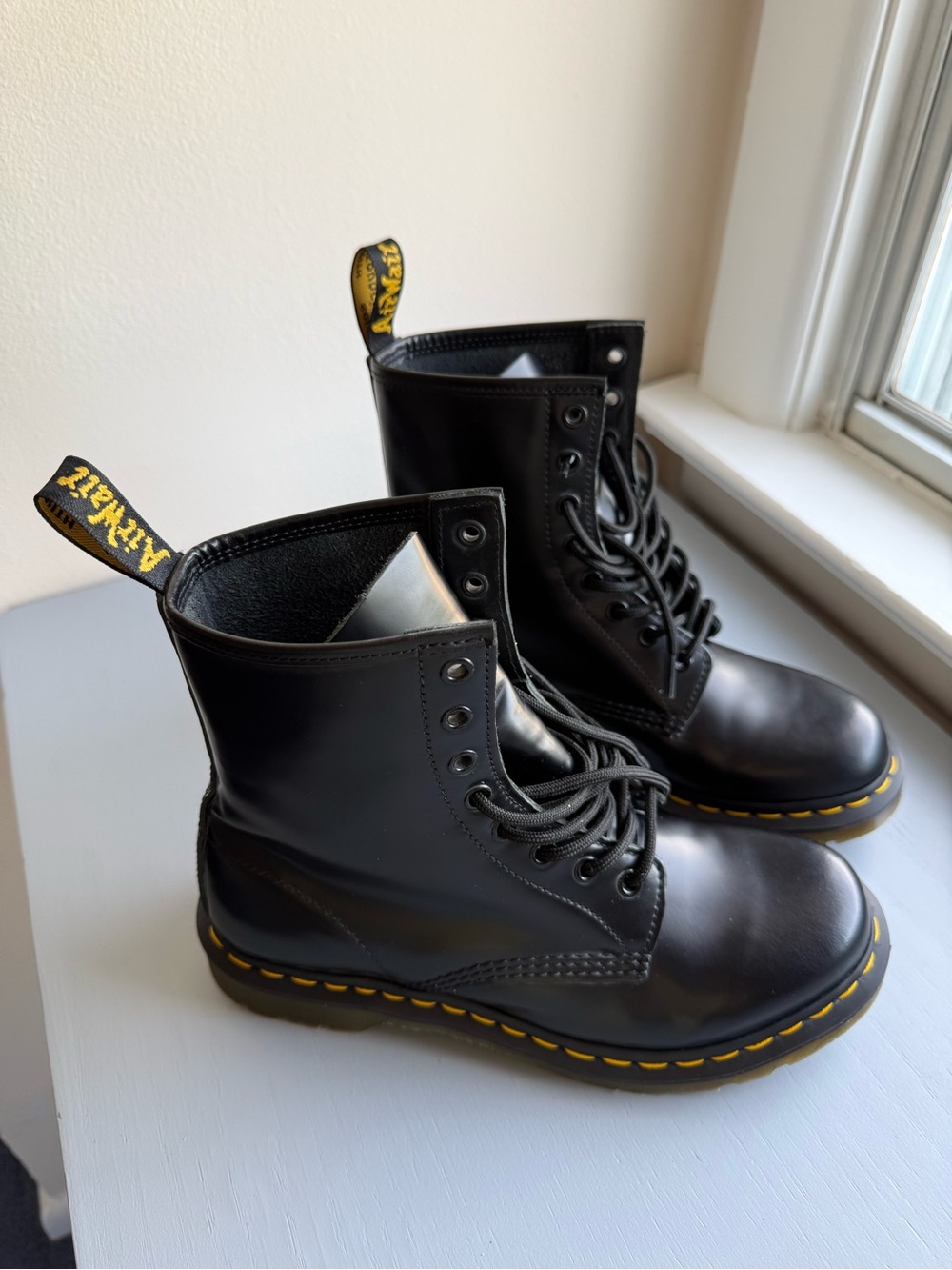Dr. Martens 1460 Black Leather Lace-Up Boots with Yellow Stitching size 9